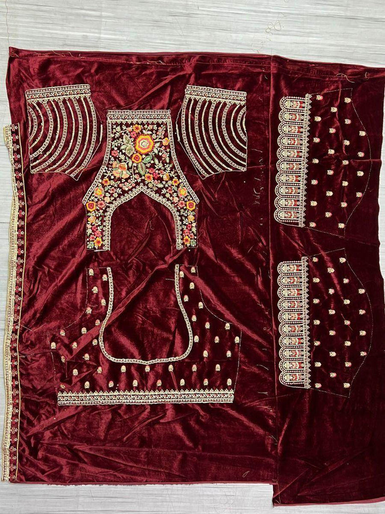 Glorious Maroon Embroidered Velvet Bridal Lehenga Choli
