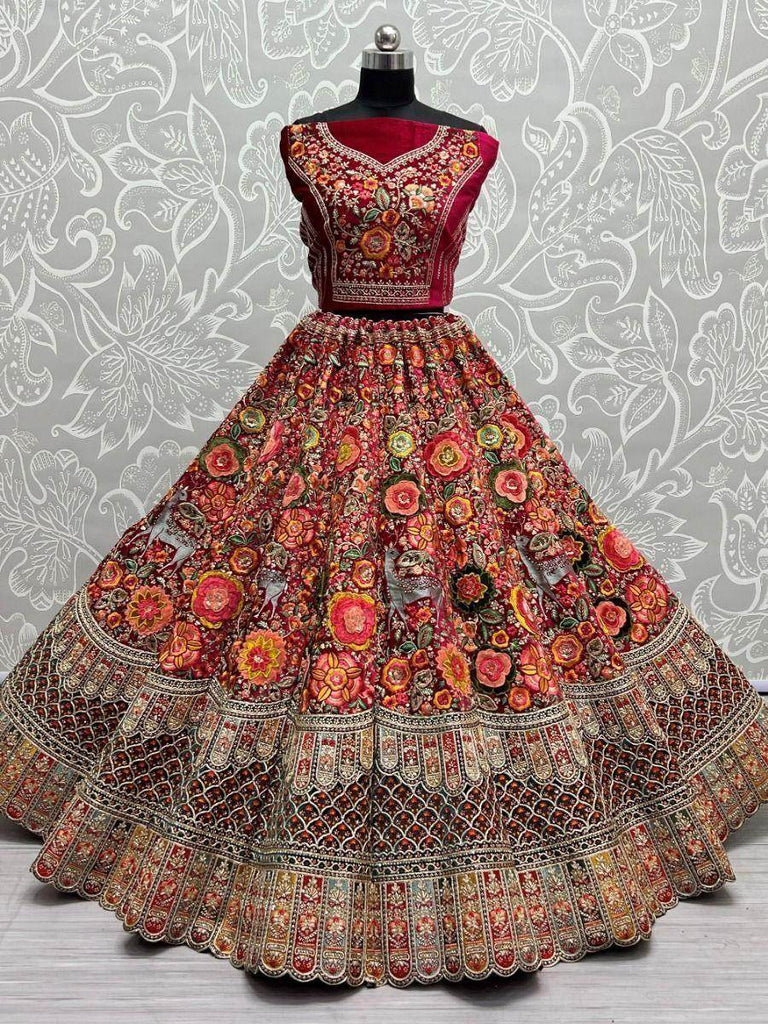 Majestic Pink Embroidered Velvet Bridal Lehenga Choli