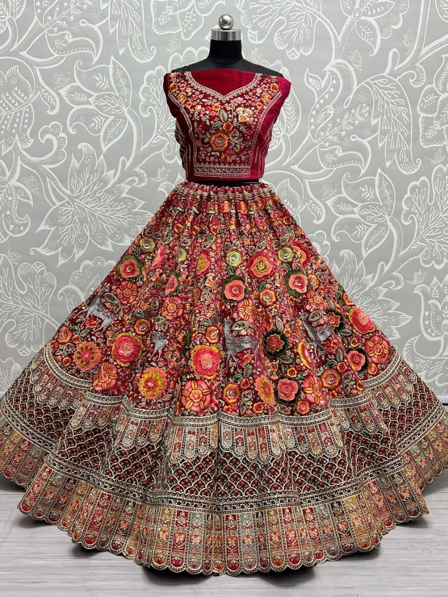 Majestic Pink Embroidered Velvet Bridal Lehenga Choli