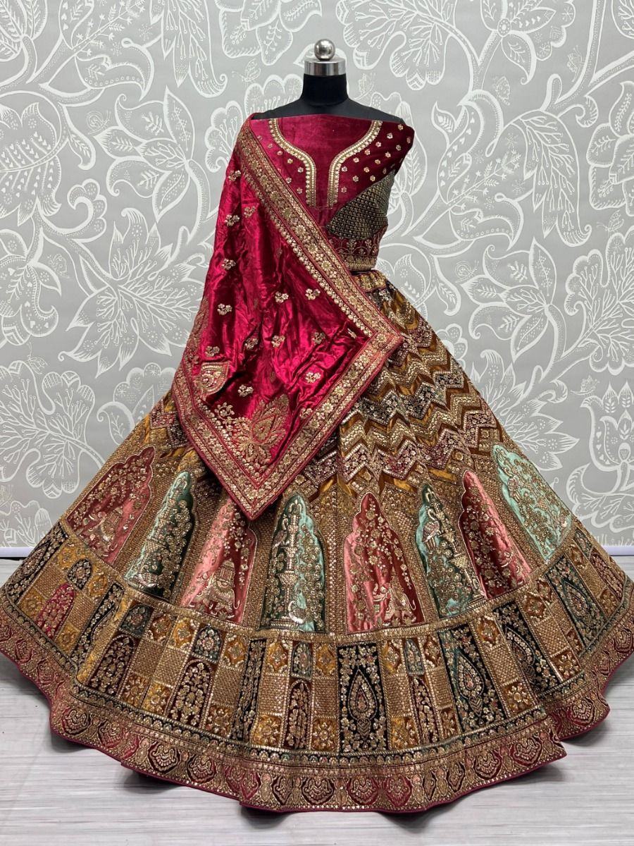 Ravishing Multi-Colored Embroidered Velvet Bridal Lehenga Choli