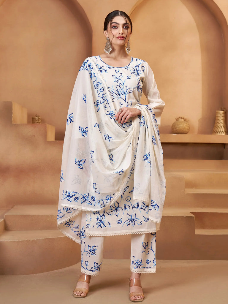Mesmerizing Off White Cotton Embroidered Festival Wear Pant Suit
