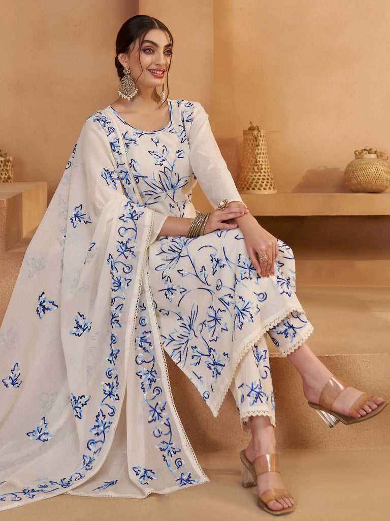 Mesmerizing Off White Cotton Embroidered Festival Wear Pant Suit