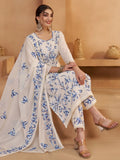 Mesmerizing Off White Cotton Embroidered Festival Wear Pant Suit