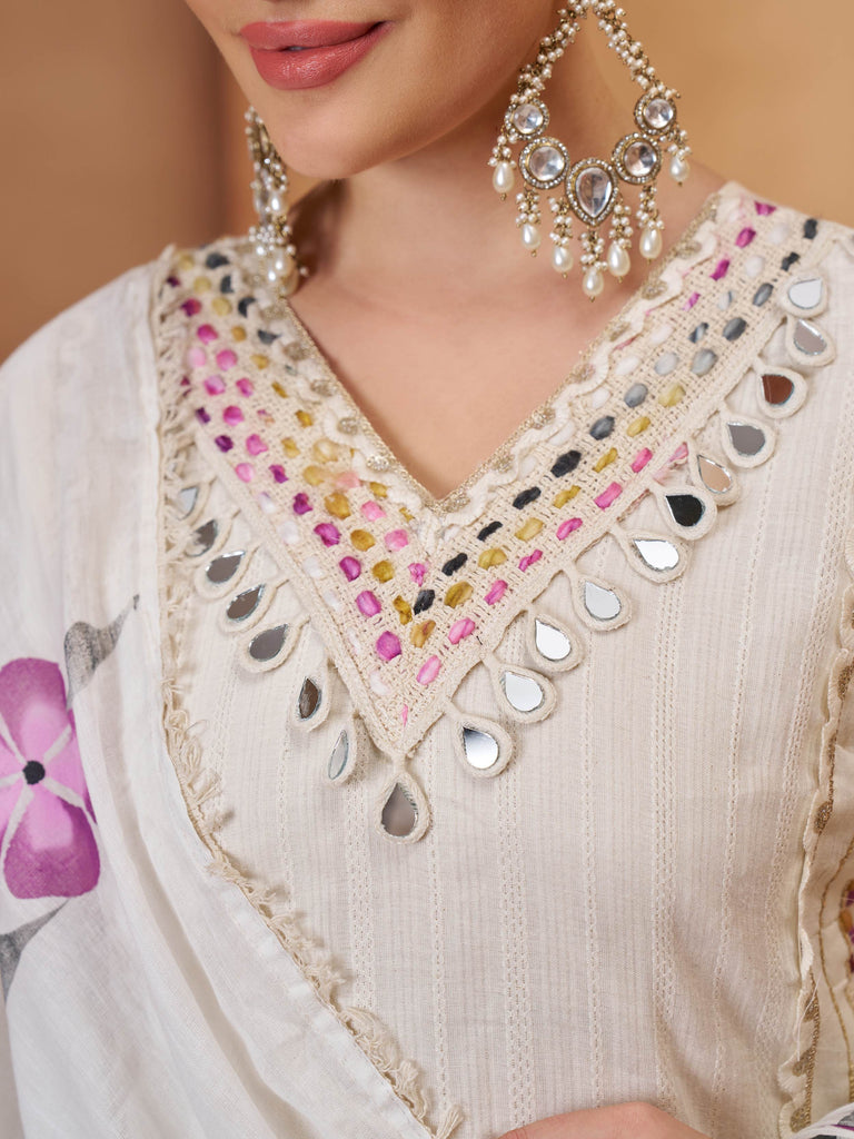 Precious Off White Mirror Work Cotton Straight Suit With Dupatta