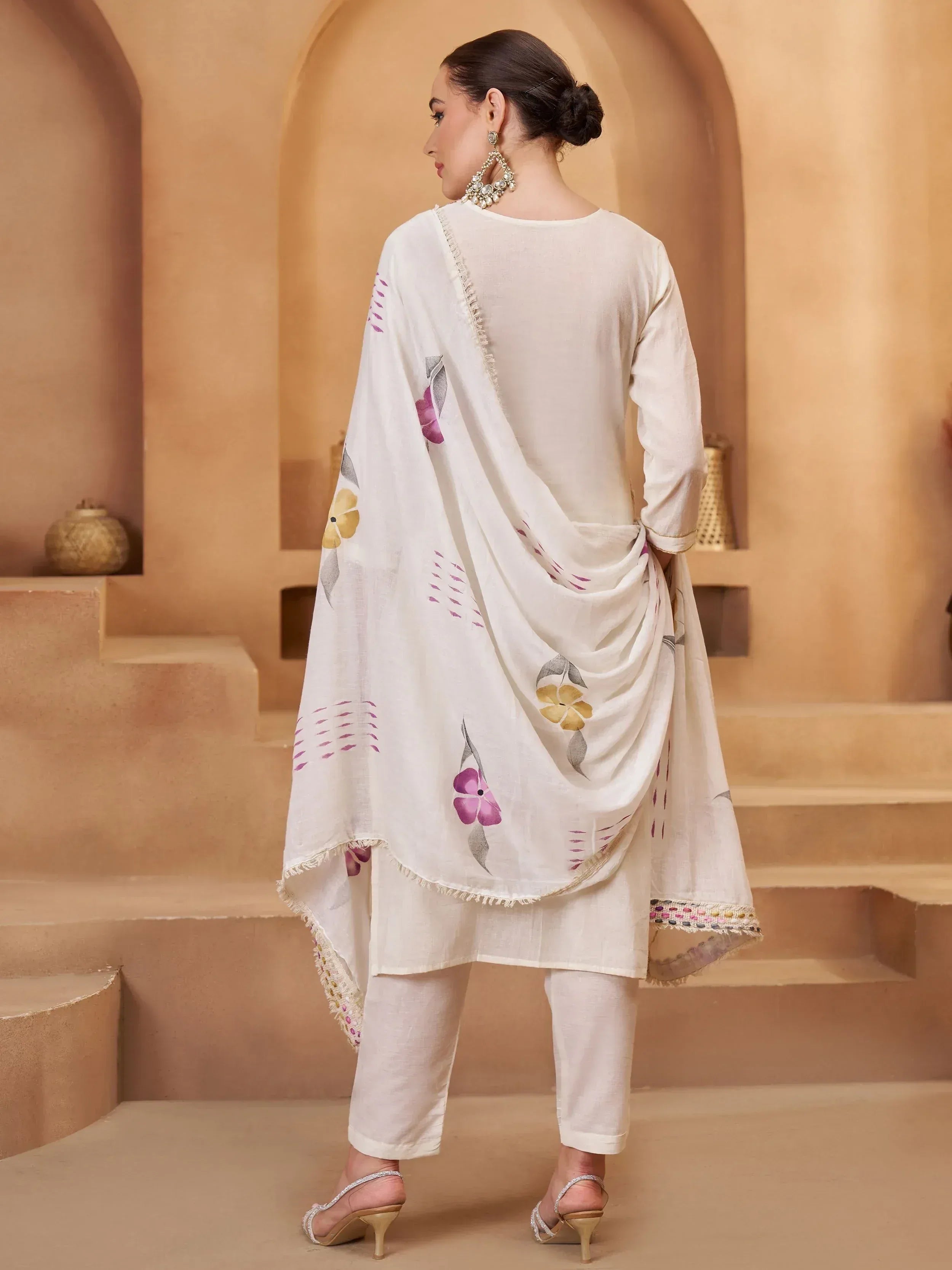 White floral printed salwar kameez with dupatta, ethnic Indian wear for women