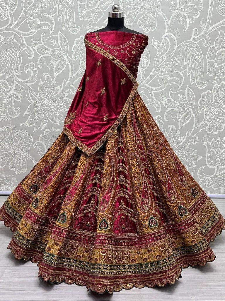 Seductive Mustard Heavy Embroidered Velvet Bridal Lehenga Choli