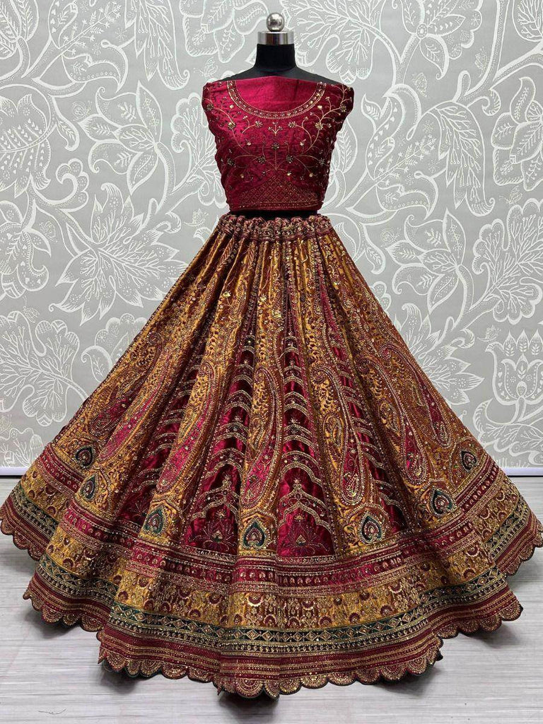 Seductive Mustard Heavy Embroidered Velvet Bridal Lehenga Choli