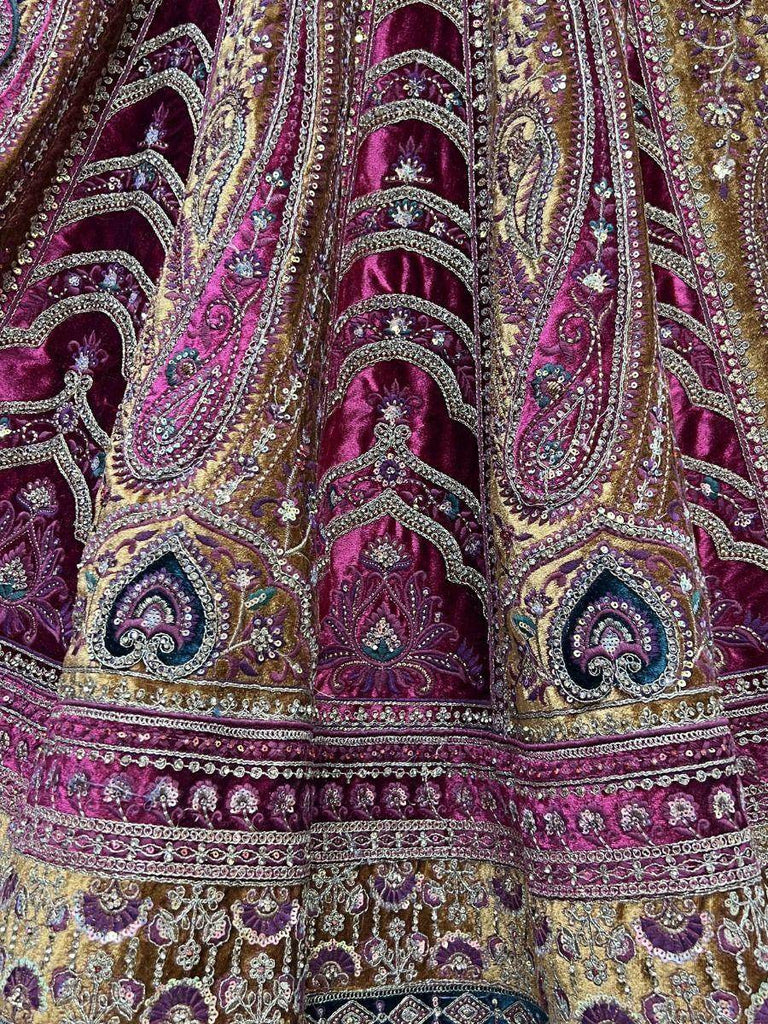 Seductive Mustard Heavy Embroidered Velvet Bridal Lehenga Choli