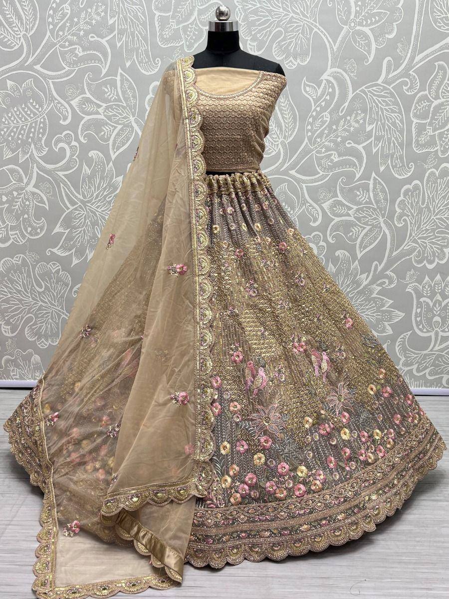 Designer lehenga choli with floral embroidery and sheer dupatta, ethnic Indian wear