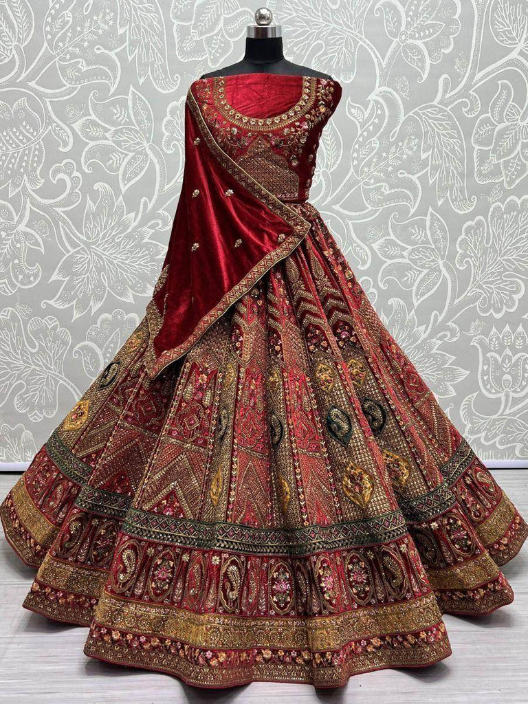 Spectacular Red Heavy Embroidered Velvet Bridal Lehenga Choli