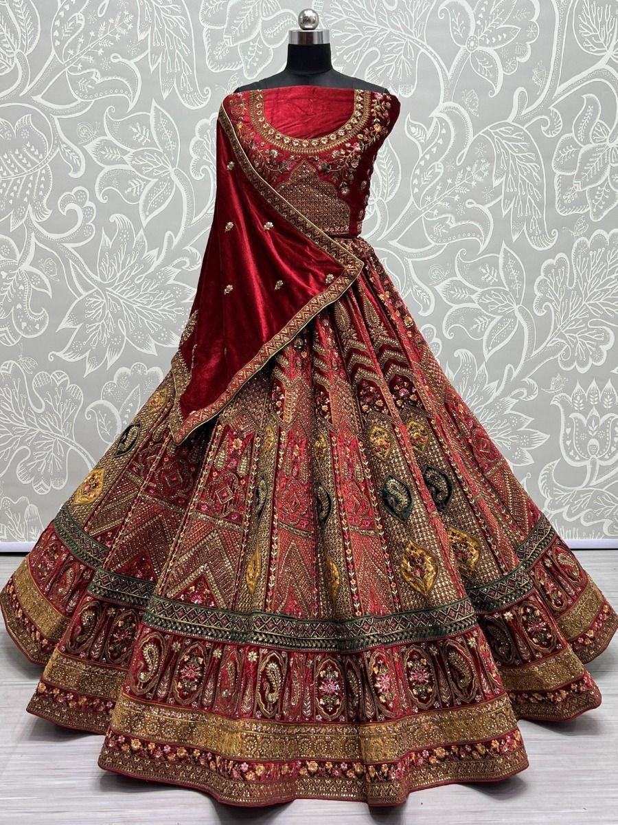 Spectacular Red Heavy Embroidered Velvet Bridal Lehenga Choli