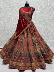 Spectacular Red Heavy Embroidered Velvet Bridal Lehenga Choli