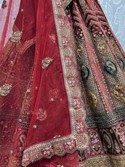 Spectacular Red Heavy Embroidered Velvet Bridal Lehenga Choli