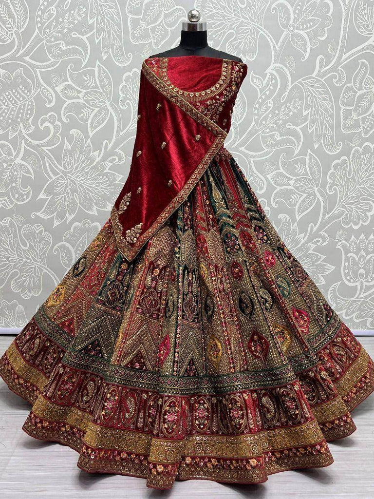 Pretty Multi Color Embroidered Velvet Lehenga Choli With Double Dupatta