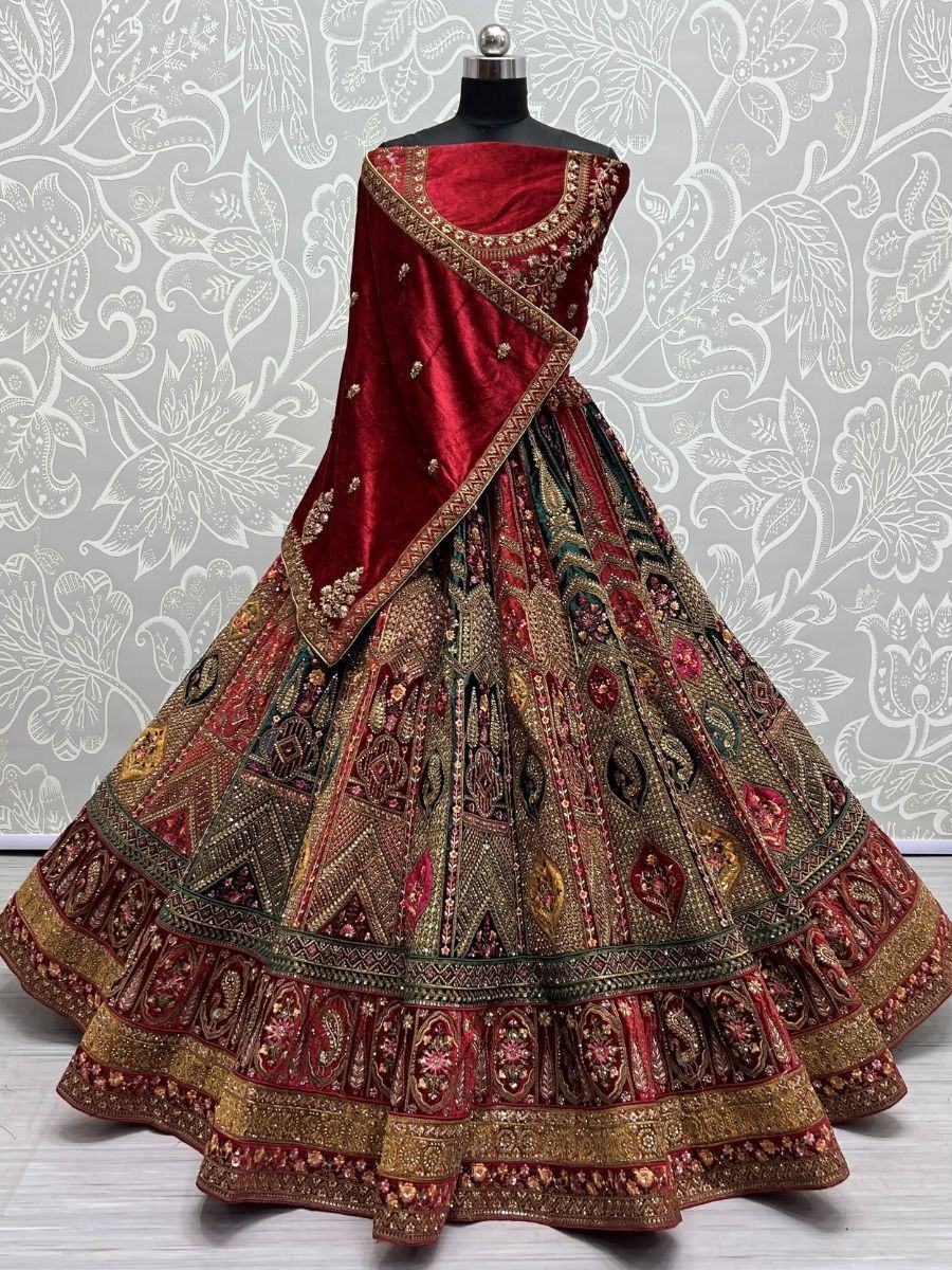 Pretty Multi Color Embroidered Velvet Lehenga Choli With Double Dupatta