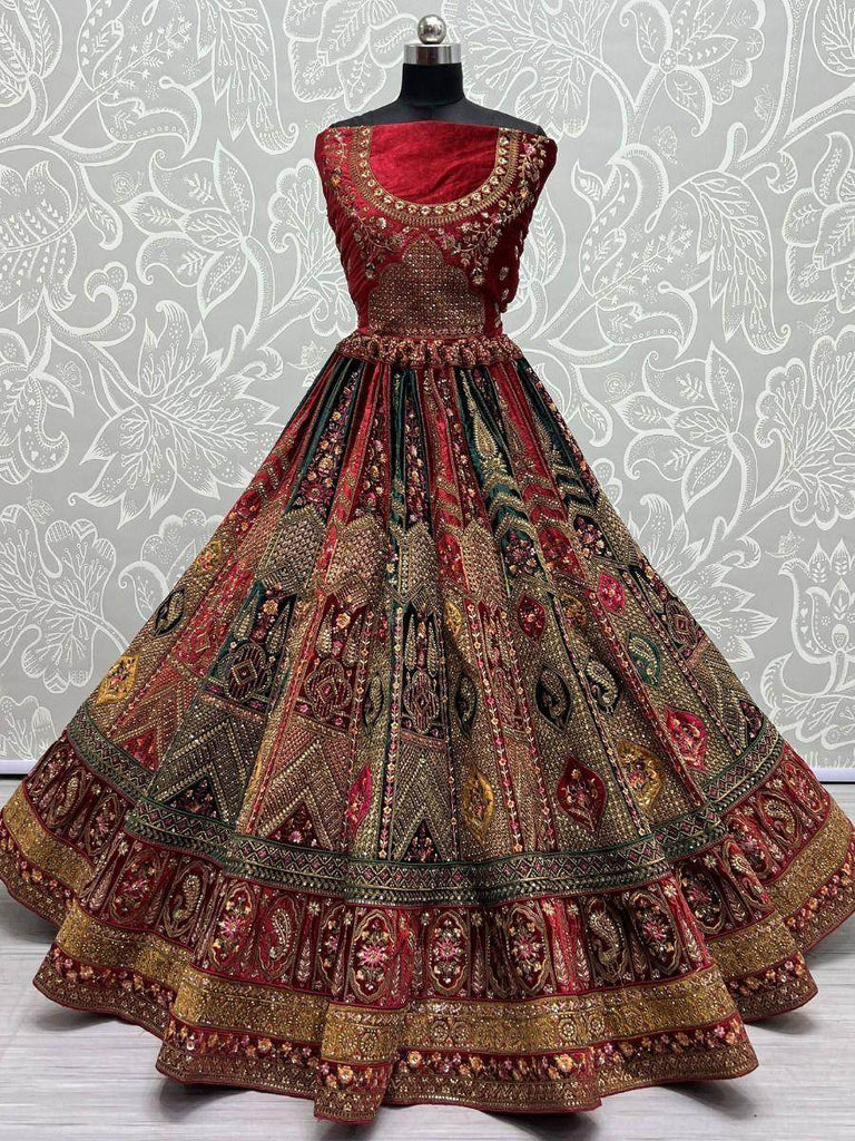 Pretty Multi Color Embroidered Velvet Lehenga Choli With Double Dupatta
