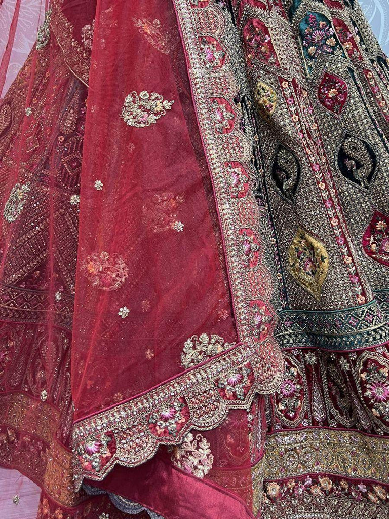 Pretty Multi Color Embroidered Velvet Lehenga Choli With Double Dupatta