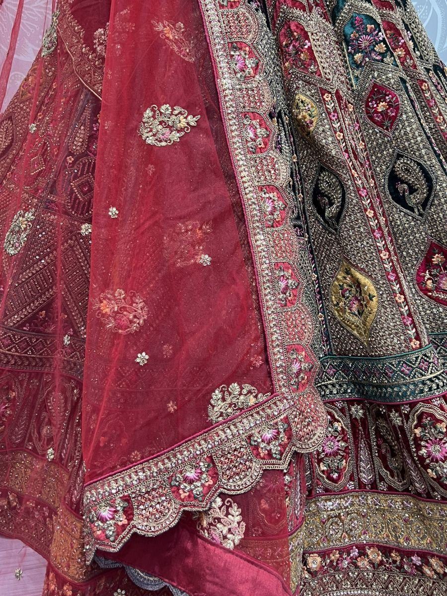 Pretty Multi Color Embroidered Velvet Lehenga Choli With Double Dupatta