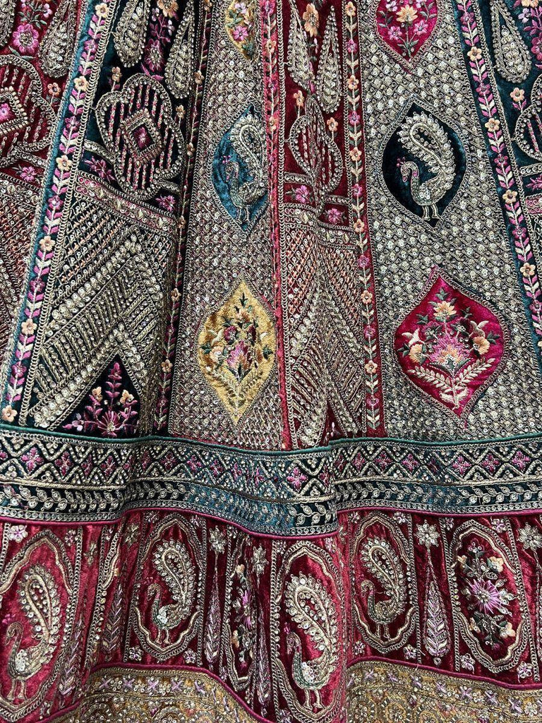Pretty Multi Color Embroidered Velvet Lehenga Choli With Double Dupatta