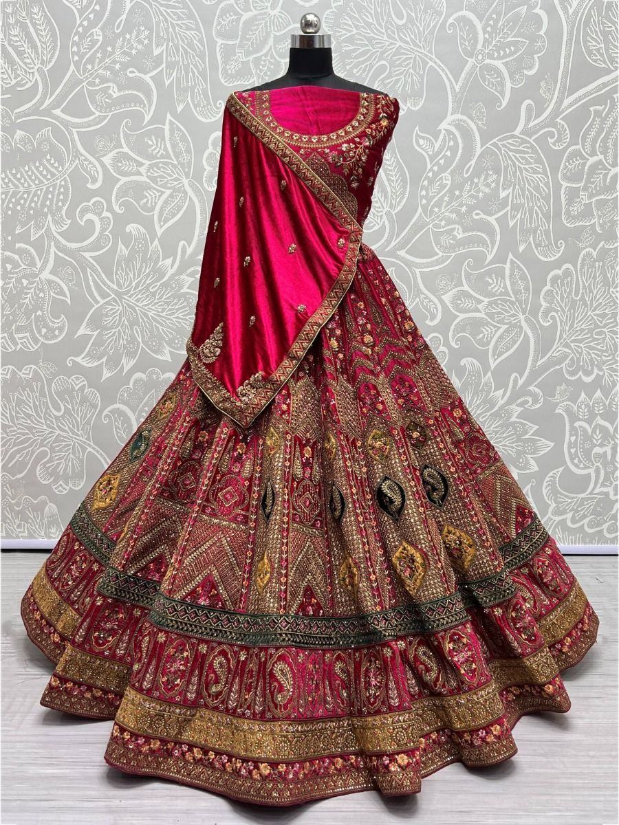 Lovely Hot Pink Embroidered Velvet Lehenga Choli With Double Dupatta