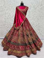 Lovely Hot Pink Embroidered Velvet Lehenga Choli With Double Dupatta