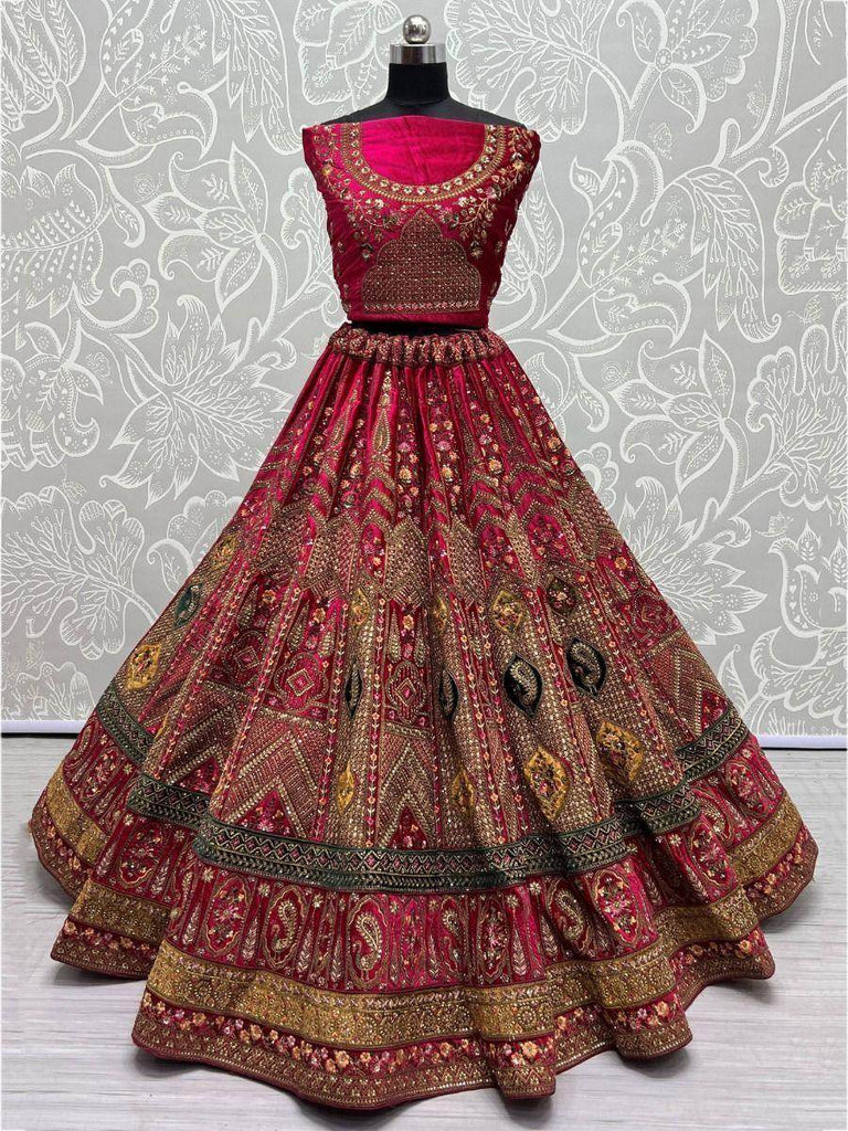 Lovely Hot Pink Embroidered Velvet Lehenga Choli With Double Dupatta