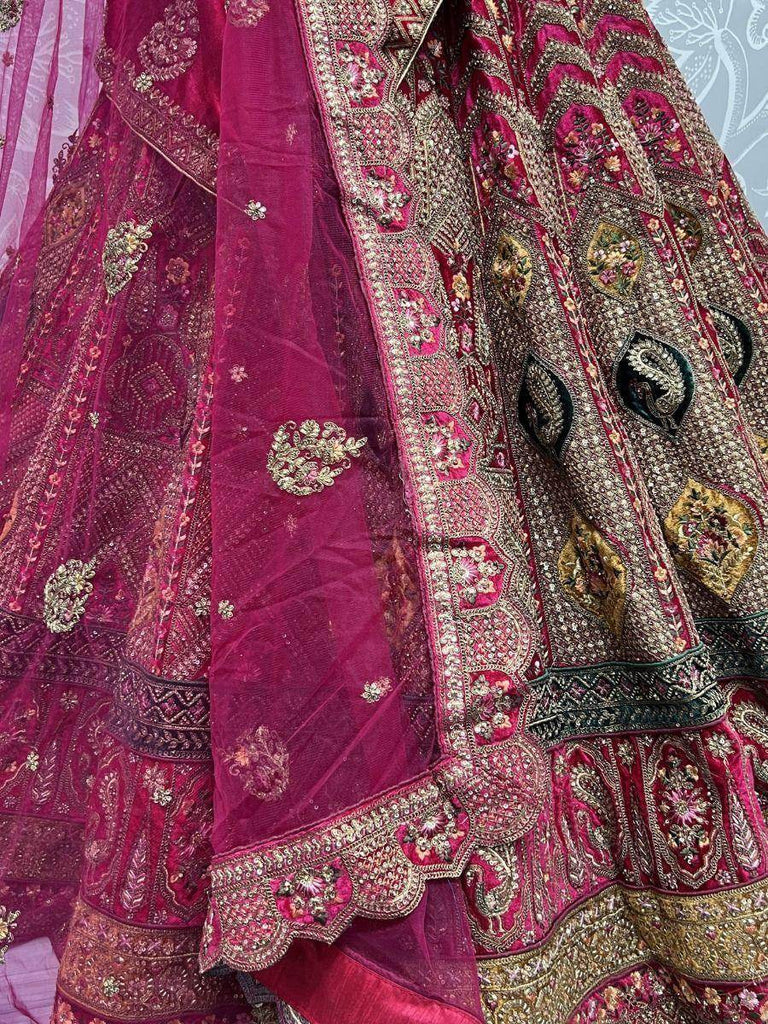 Lovely Hot Pink Embroidered Velvet Lehenga Choli With Double Dupatta