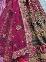 Lovely Hot Pink Embroidered Velvet Lehenga Choli With Double Dupatta