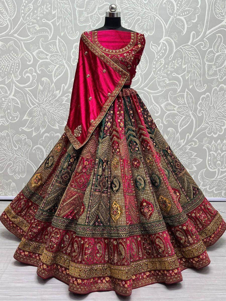 Stupendous Pink Heavy Embroidered Velvet Bridal Lehenga Choli