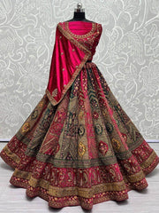 Stupendous Pink Heavy Embroidered Velvet Bridal Lehenga Choli