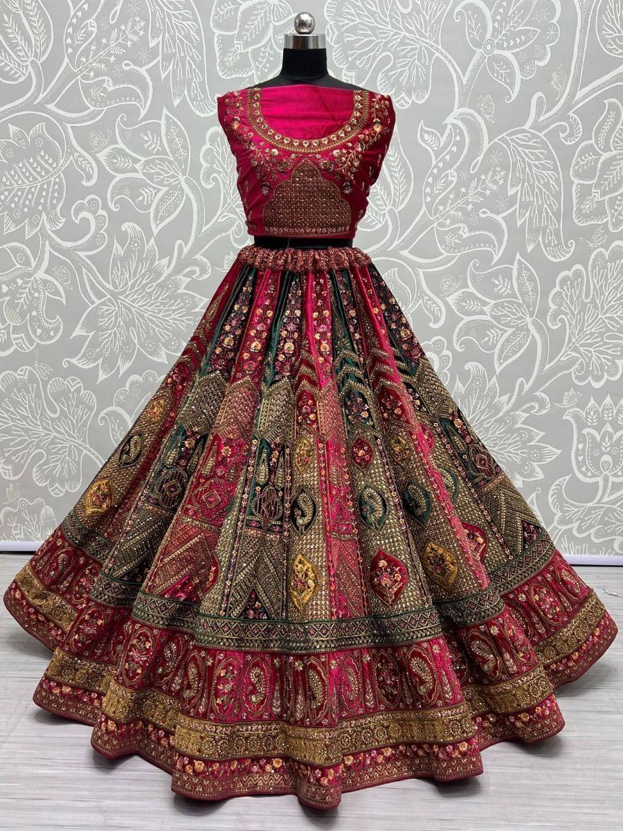 Stupendous Pink Heavy Embroidered Velvet Bridal Lehenga Choli