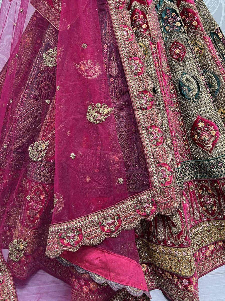 Stupendous Pink Heavy Embroidered Velvet Bridal Lehenga Choli