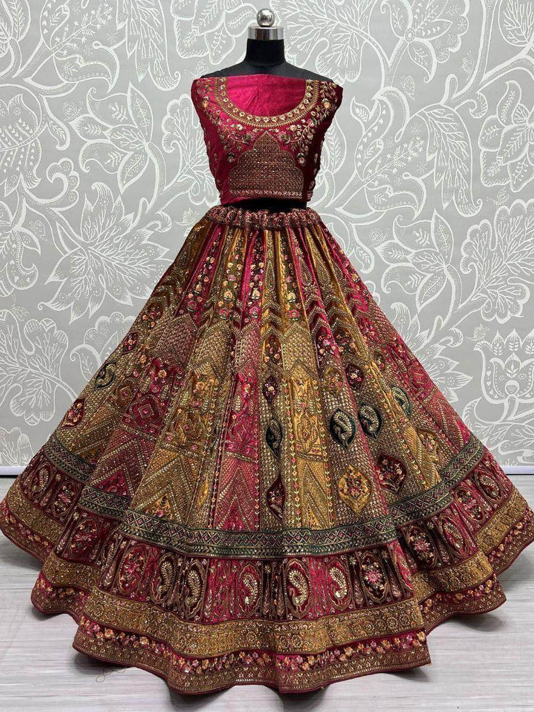 Astonishing Pink Heavy Embroidered Velvet Bridal Lehenga Choli