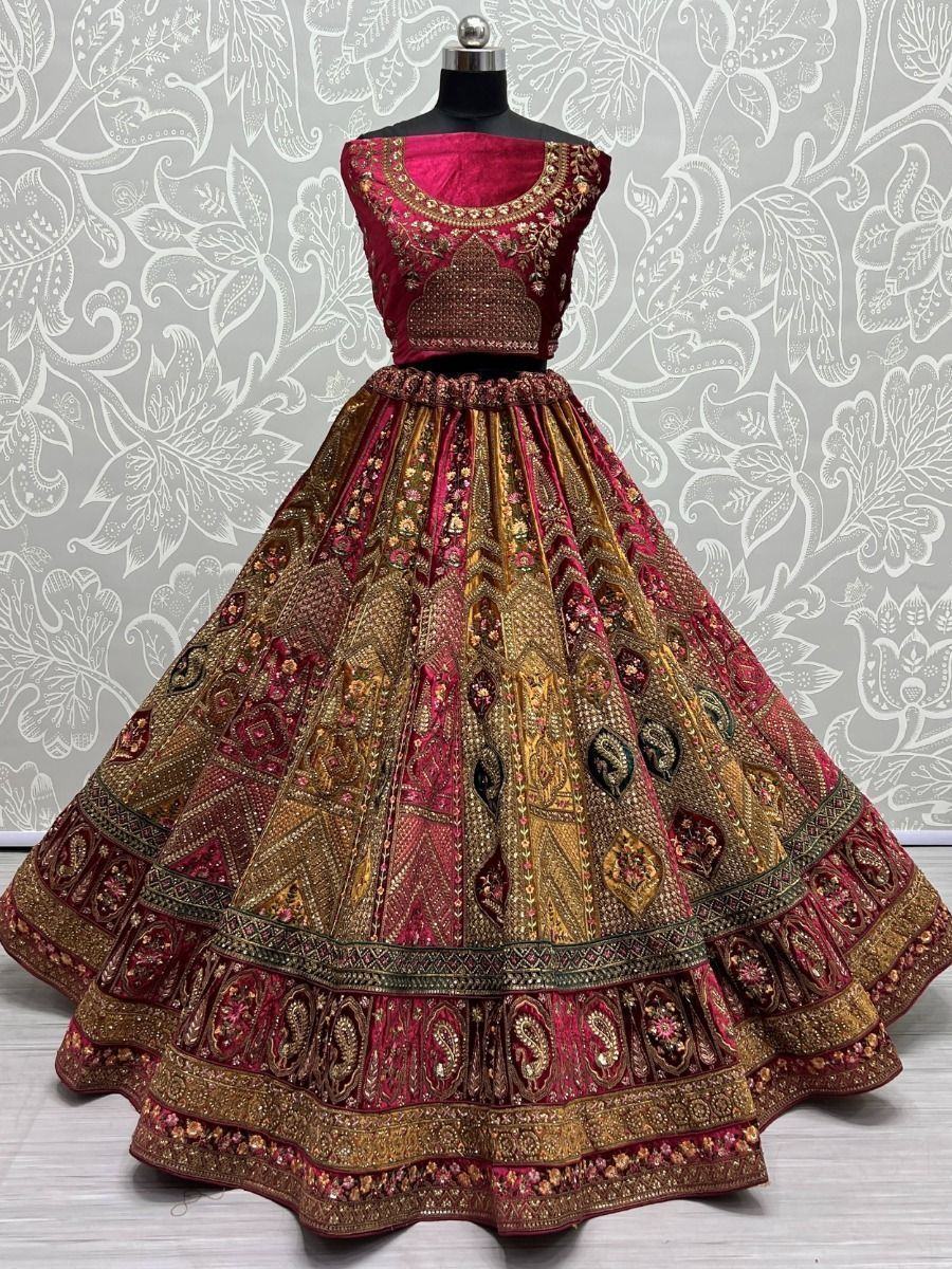 Astonishing Pink Heavy Embroidered Velvet Bridal Lehenga Choli