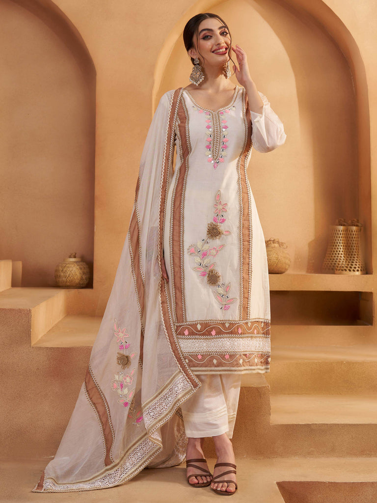Lavishing Off White Floral Embroidered Cotton Pant Suit With Dupatta