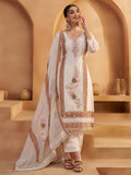 Lavishing Off White Floral Embroidered Cotton Pant Suit With Dupatta