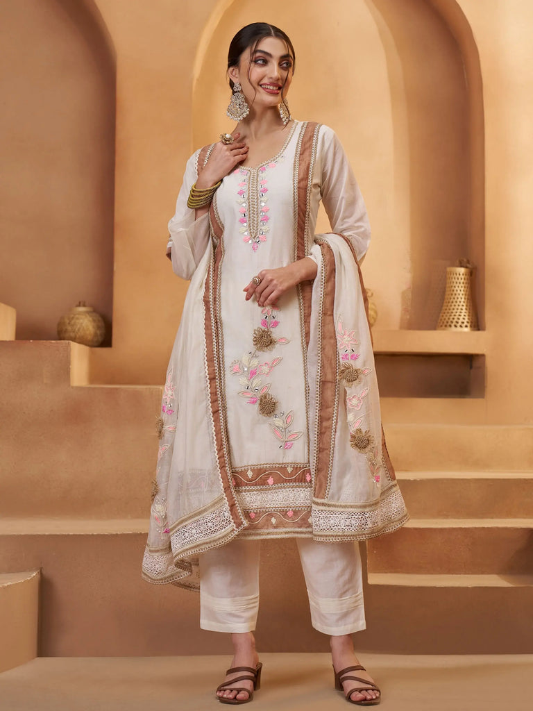 Lavishing Off White Floral Embroidered Cotton Pant Suit With Dupatta