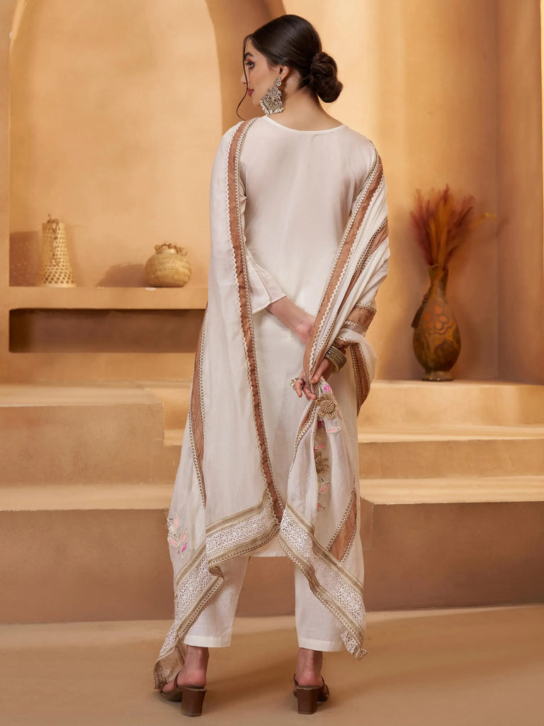 Lavishing Off White Floral Embroidered Cotton Pant Suit With Dupatta