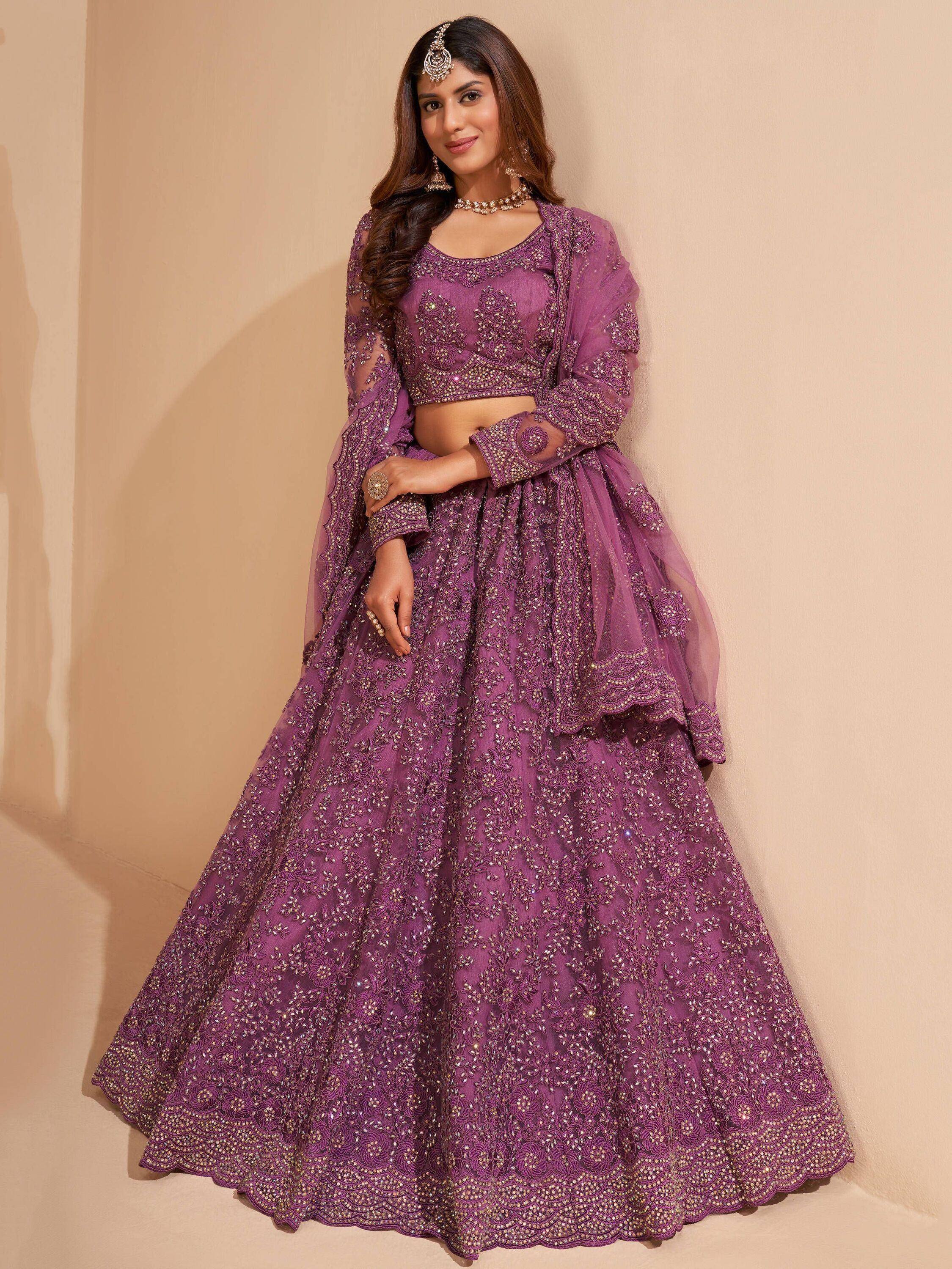 Purple embroidered lehenga choli with sheer dupatta, Indian ethnic wear for weddings and parties