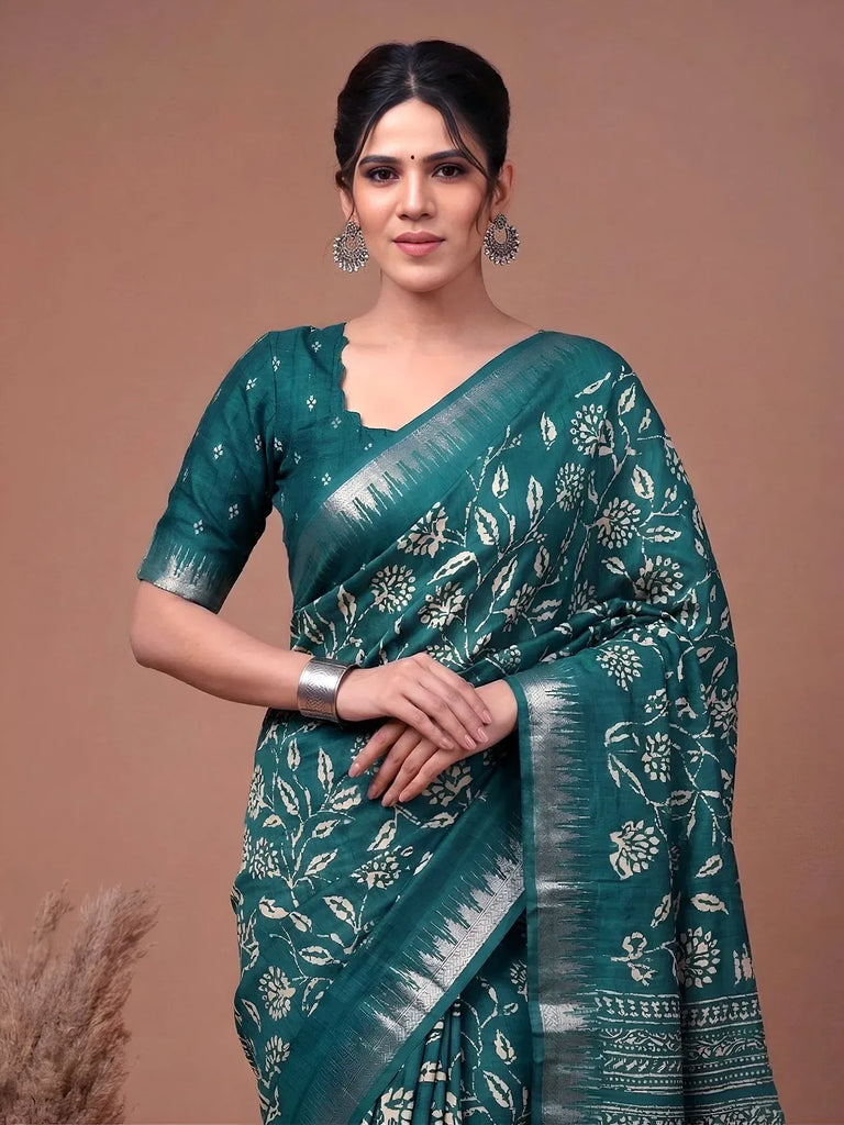 Rich Teal Green Zari Border Silk Festive Wear Saree With Blouse