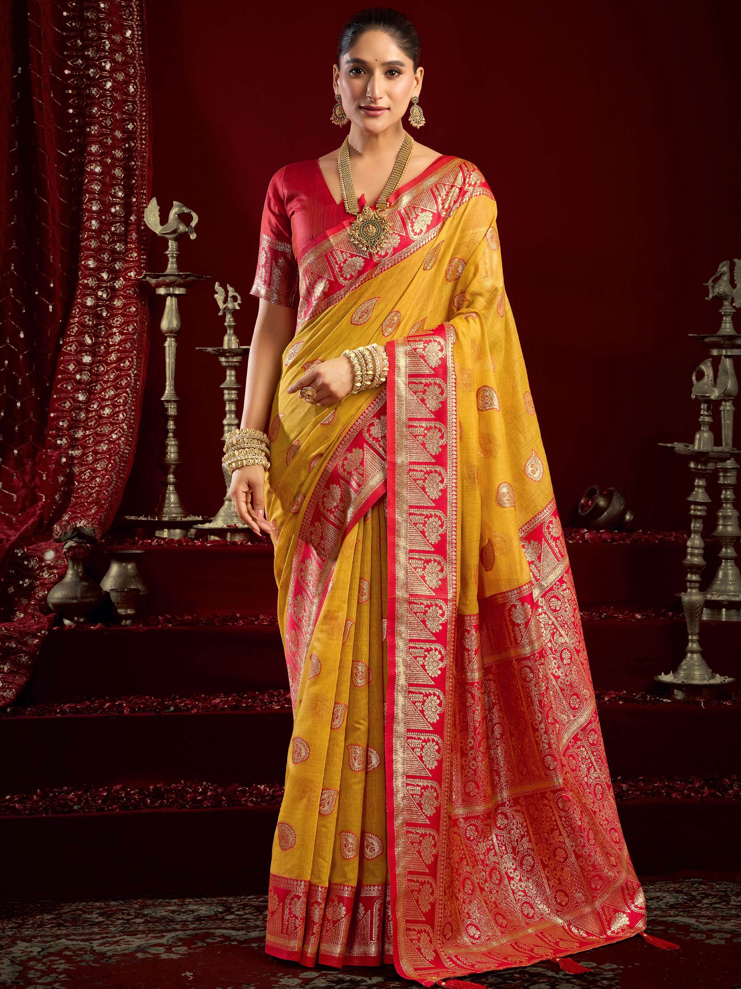 Glamorous Yellow Zari Weaving Silk Festive Wear Saree With Blouse