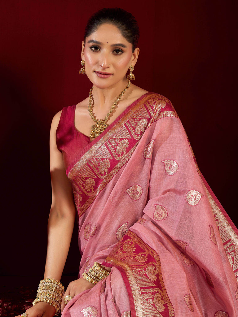 Elegant Pink Zari Weaving Silk Festive Wear Saree With Blouse