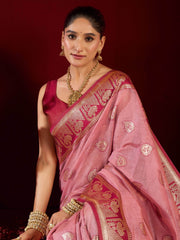 Elegant Pink Zari Weaving Silk Festive Wear Saree With Blouse
