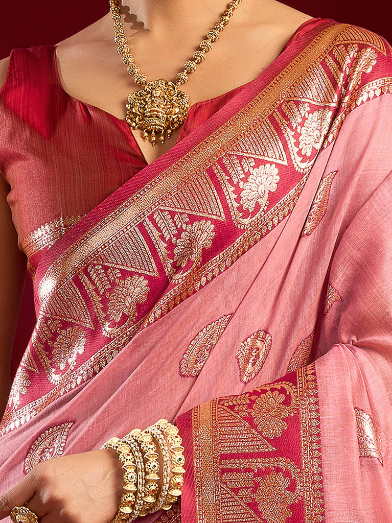 Elegant Pink Zari Weaving Silk Festive Wear Saree With Blouse