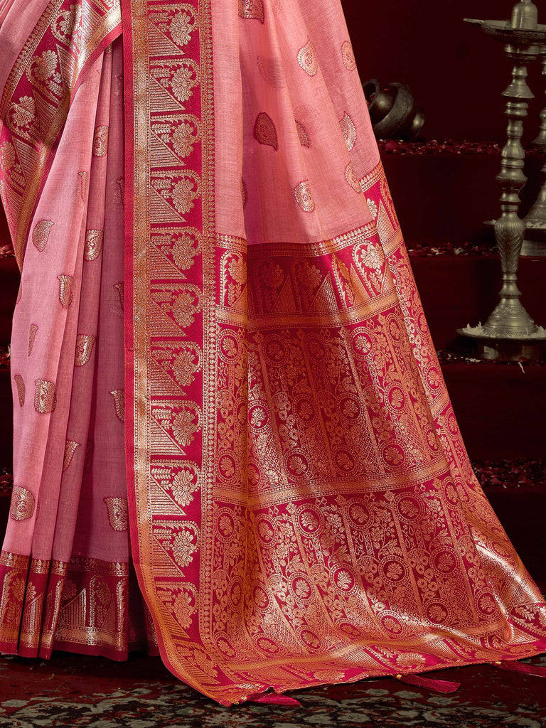 Elegant Pink Zari Weaving Silk Festive Wear Saree With Blouse