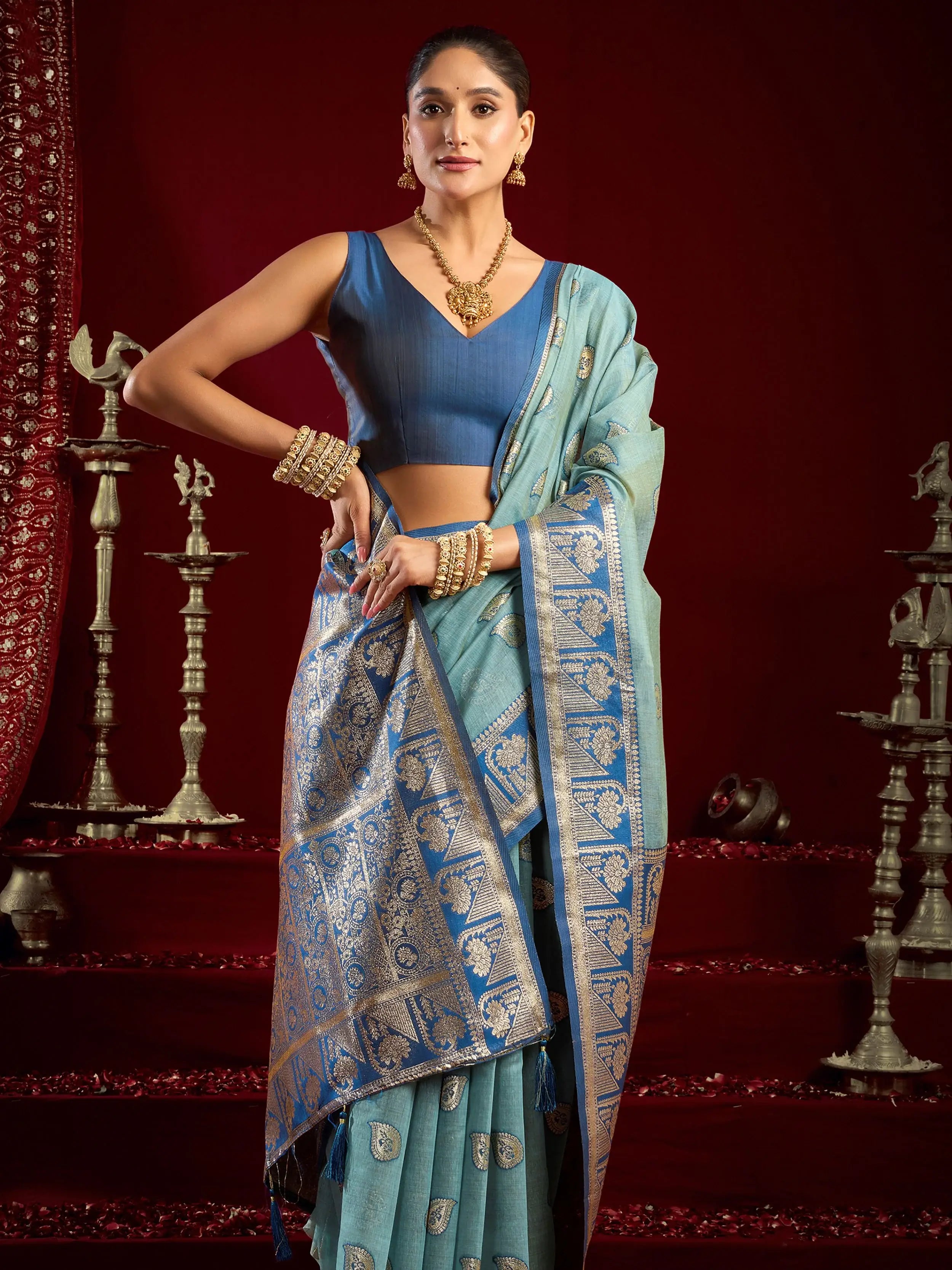Graceful Blue Zari Weaving Silk Wedding Wear Saree With Blouse
