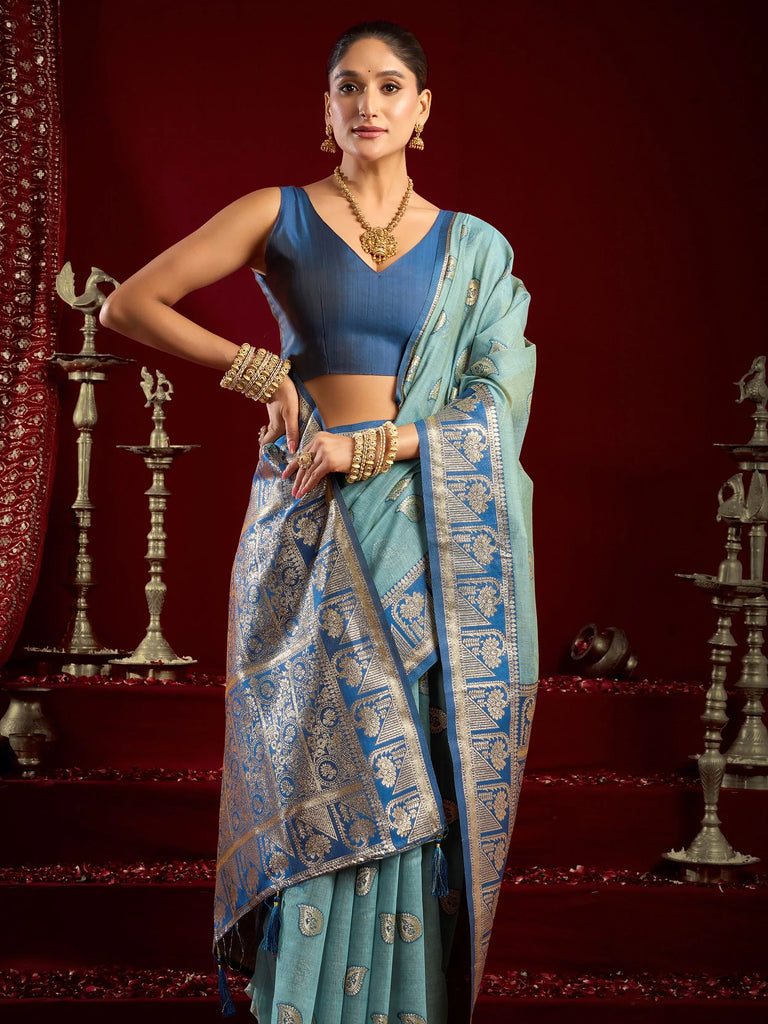 Graceful Blue Zari Weaving Silk Wedding Wear Saree With Blouse