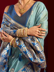 Graceful Blue Zari Weaving Silk Wedding Wear Saree With Blouse