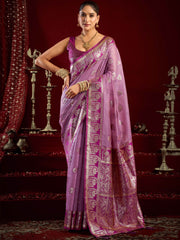 Captivating Purple Zari Weaving Silk Reception Wear Saree With Blouse
