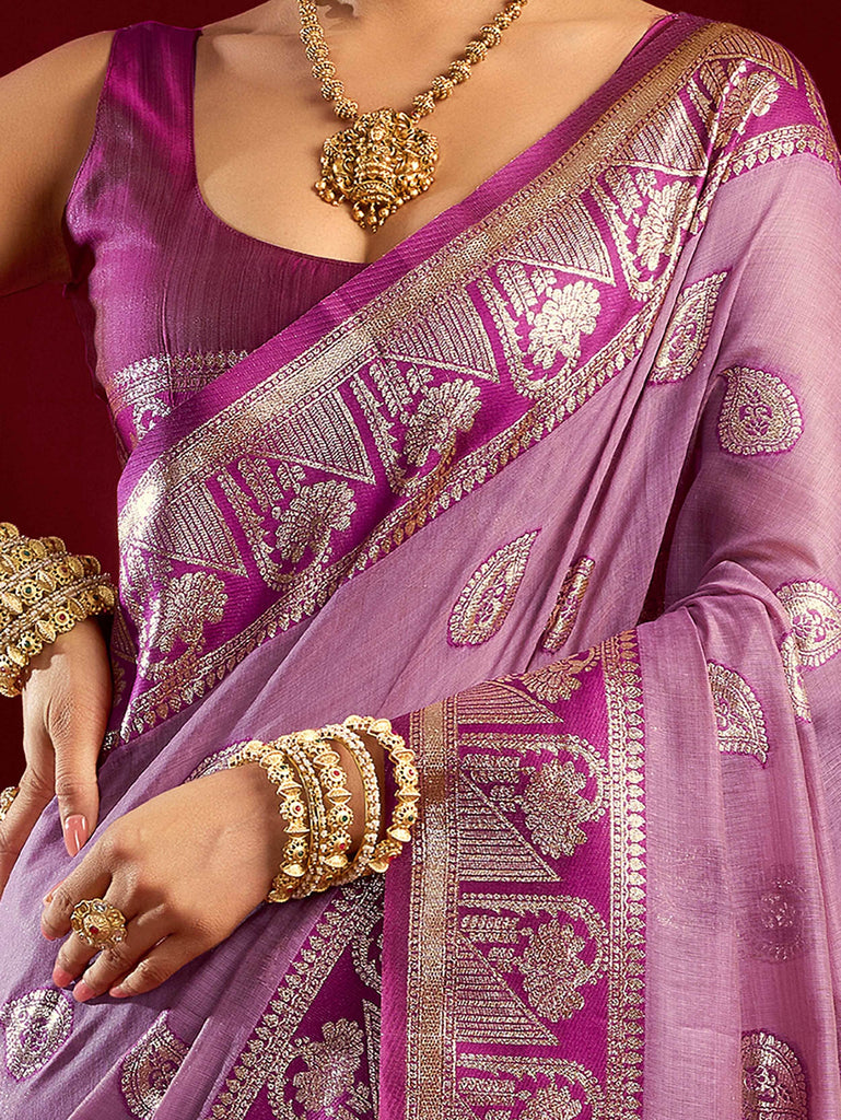 Captivating Purple Zari Weaving Silk Reception Wear Saree With Blouse